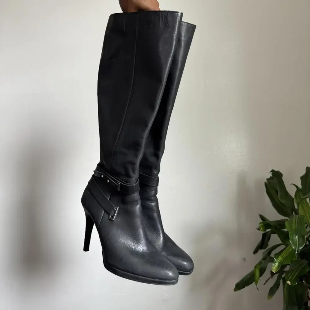 Vintage‎ Black knee-high side zip leather boots with side buckle size 10